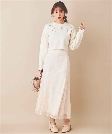 【SALE】花柄チュール刺繍スカート(01オフホワイト-３６)